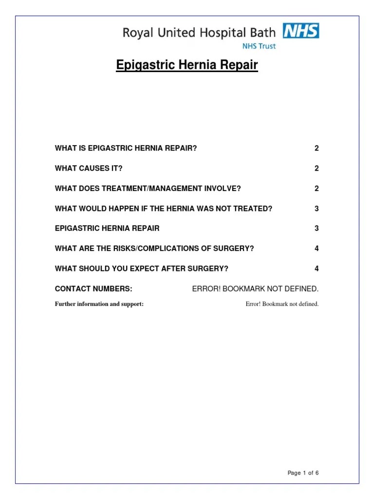 Epigastric Hernia Repair Error! Bookmark Not Defined PDF Surgery