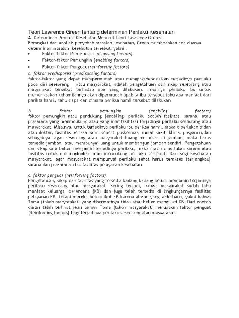 Teori Lawrence Green Tentang Determinan Perilaku Kesehatan
