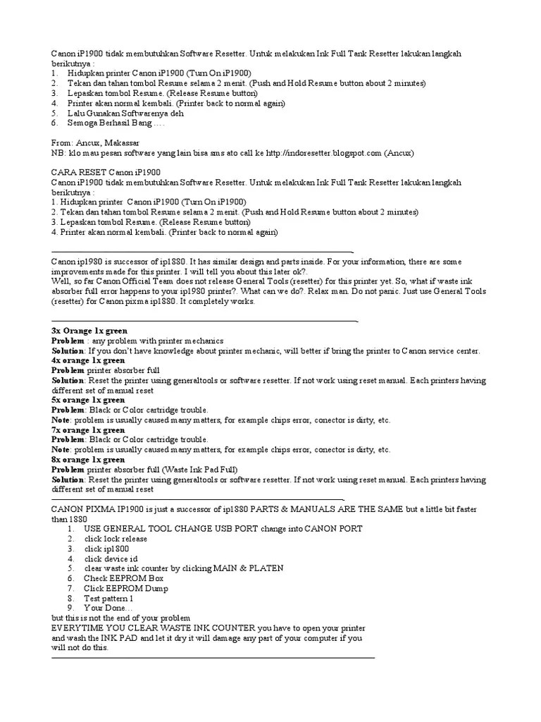 Cara Reset Canon iP1900 Office Work Printer