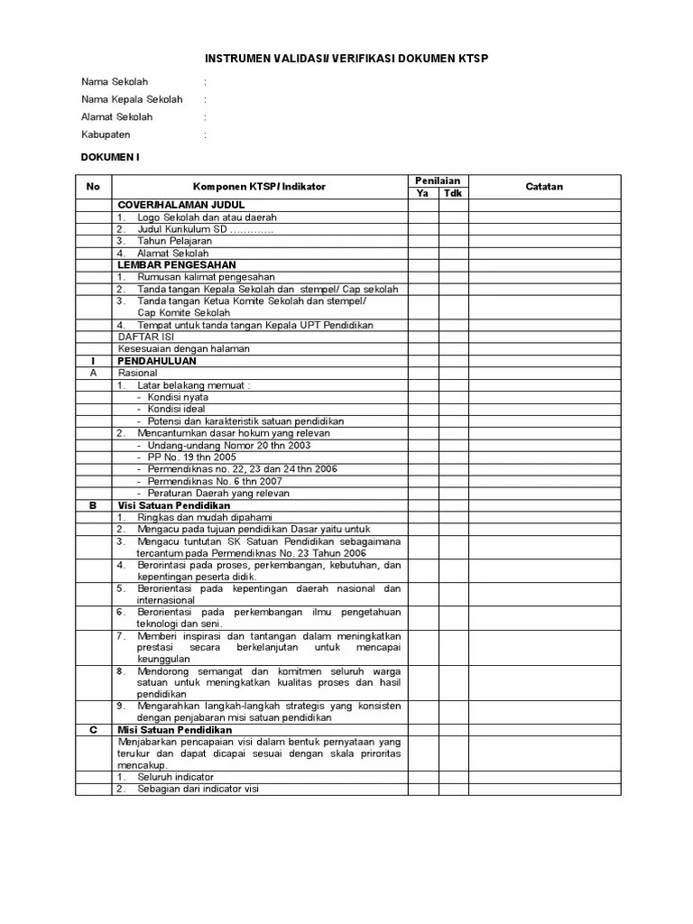 Instrumen Validasi Dokumen 1 Dan 2 KTSP