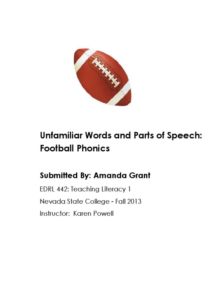 Unfamiliar Words and Parts of Speech Football Phonics Submitted By