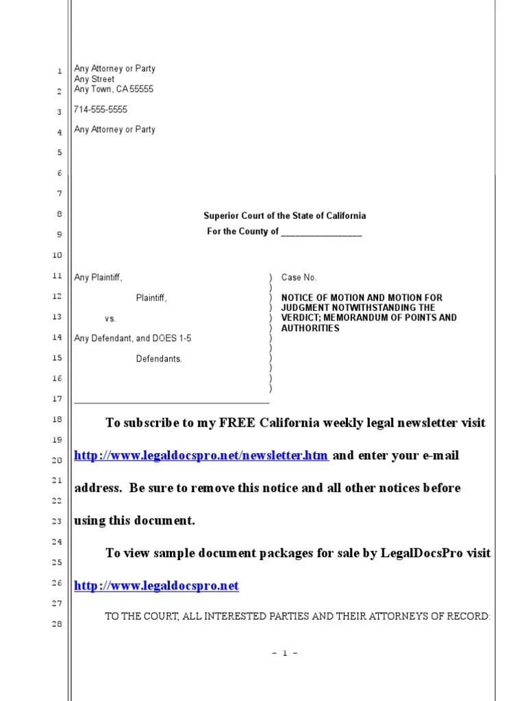 Sample motion for judgment notwithstanding the verdict for California