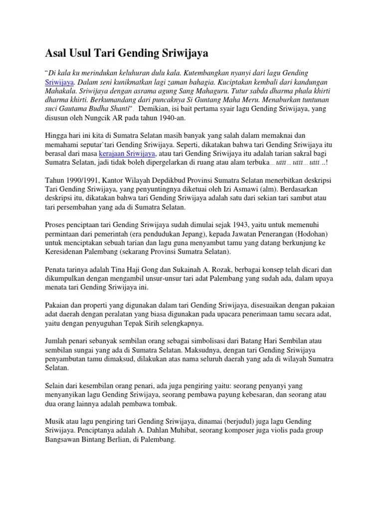 Asal Usul Tari Gending Sriwijaya | PDF