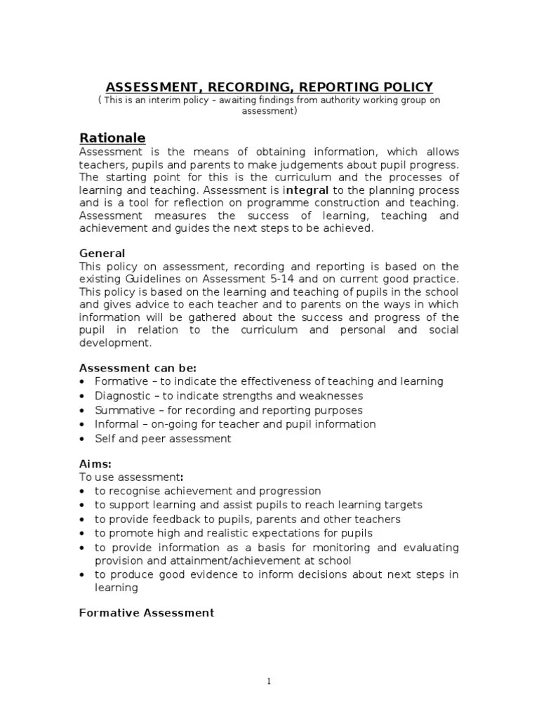 ASSESSMENT, RECORDING, REPORTING POLICY.doc Educational Assessment Teachers