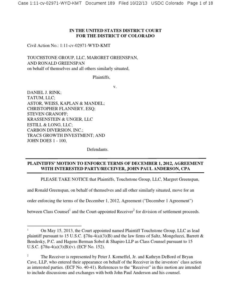 AS FILED Motion to Enforce Agreement.pdf Settlement (Litigation