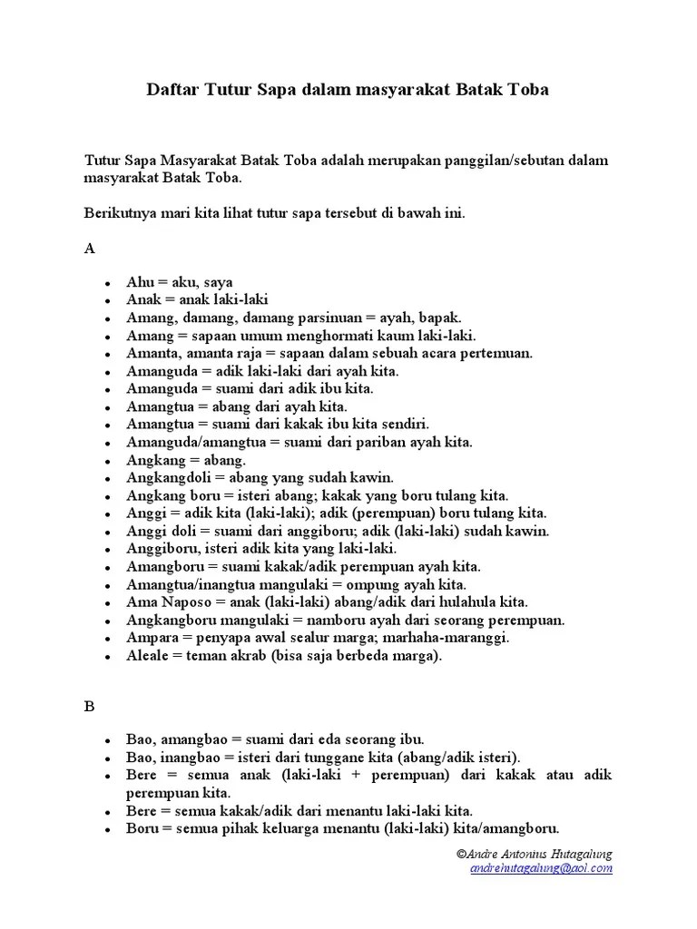Daftar Tutur Sapa Dalam Masyarakat Batak Toba (Andre Antonius Hutagalung) |  PDF