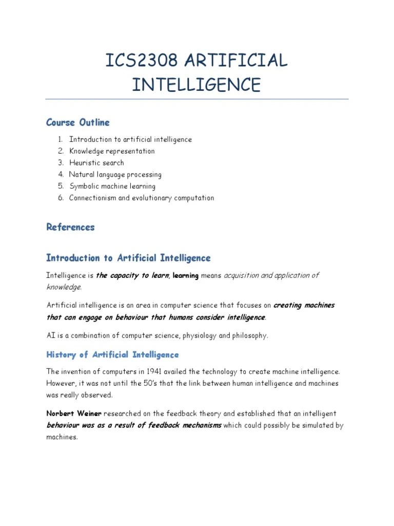 ICS2308 Artificial Intelligence Notes.pdf Artificial Intelligence