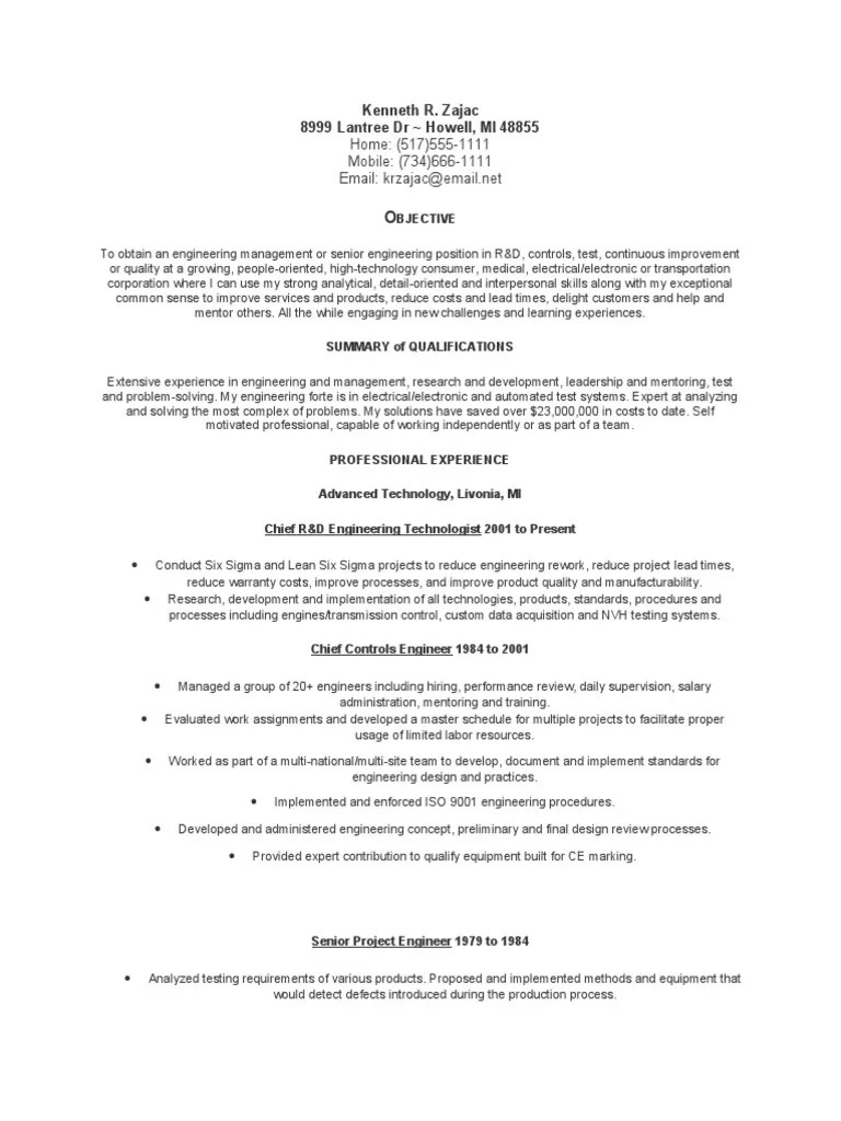 Sample Resume Electrical Engineer Automation Six Sigma
