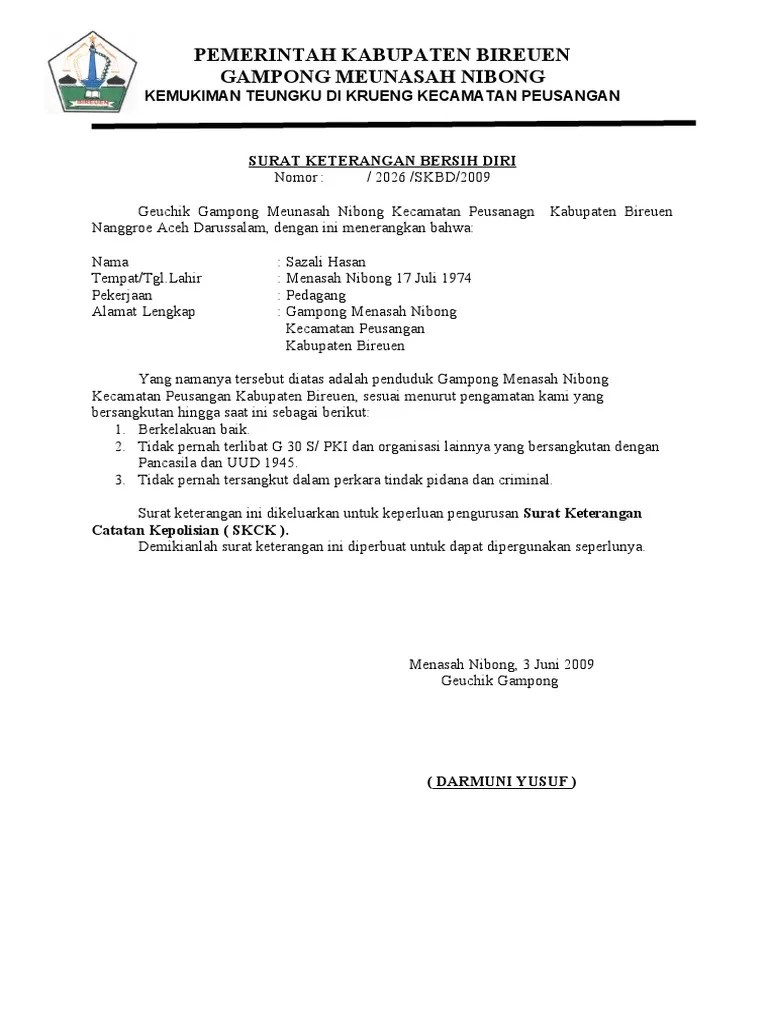 Contoh Surat Keterangan Bersih Diri Dari Kelurahan - Delinews Tapanuli
