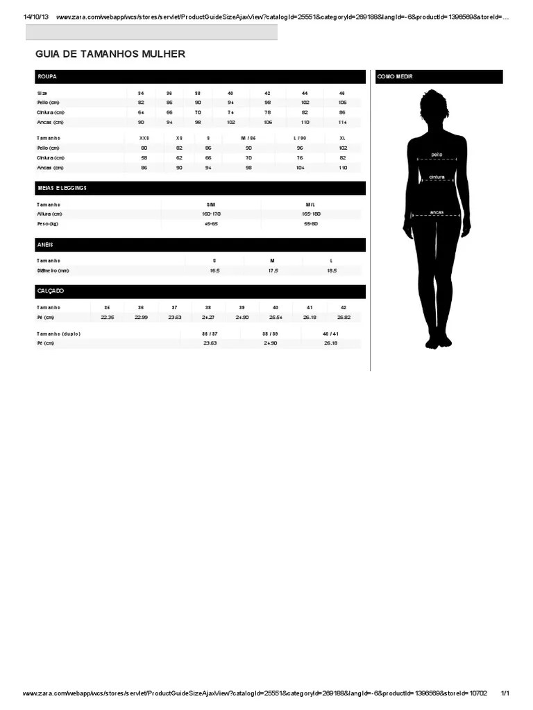 Zaraguia de Tamanhos Mulher