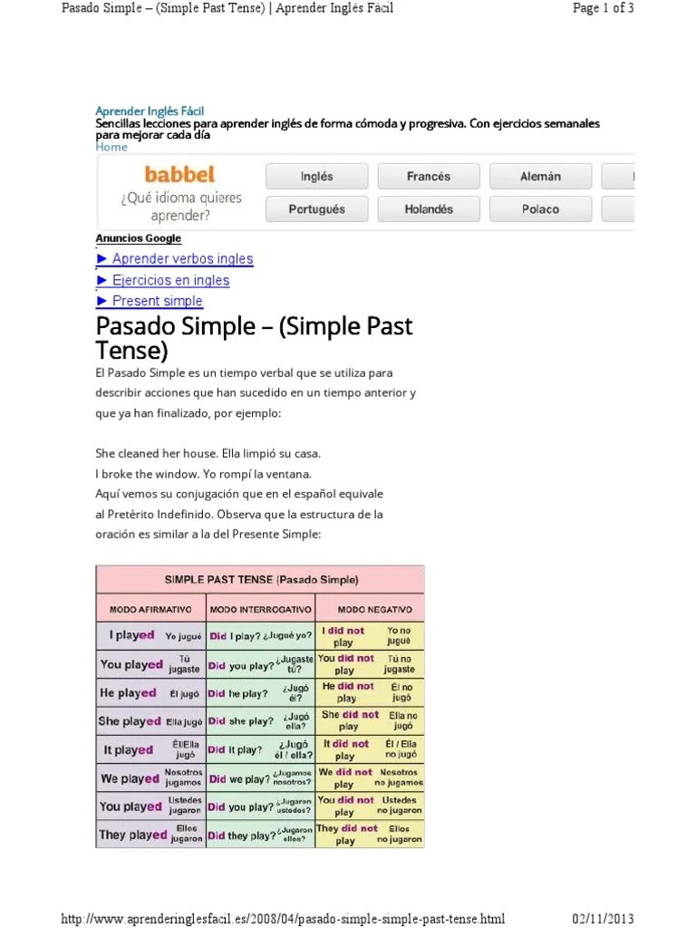 Pasado Simple Simple Past Tense Verbo Tipología Lingüística