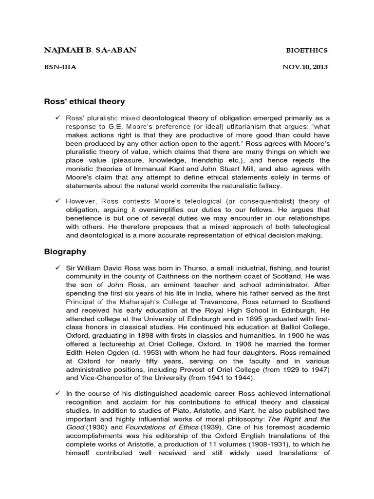 Ross� Ethical Theory (Assignment) PDF Truth Metaphysics