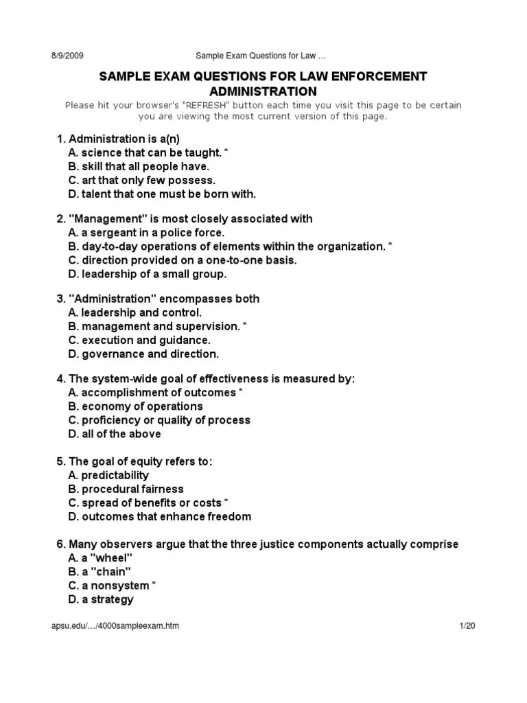 Sample Exam Questions for Law Enforcement Administration Police