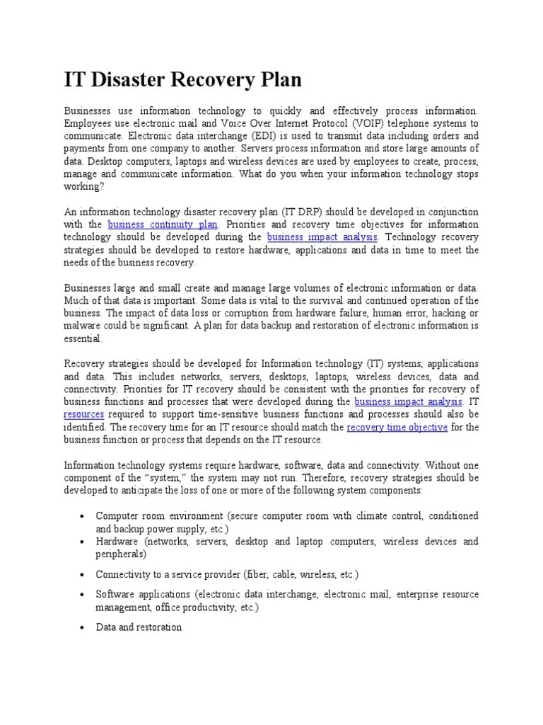 IT Disaster Recovery Plan Data Center Computer Hardware