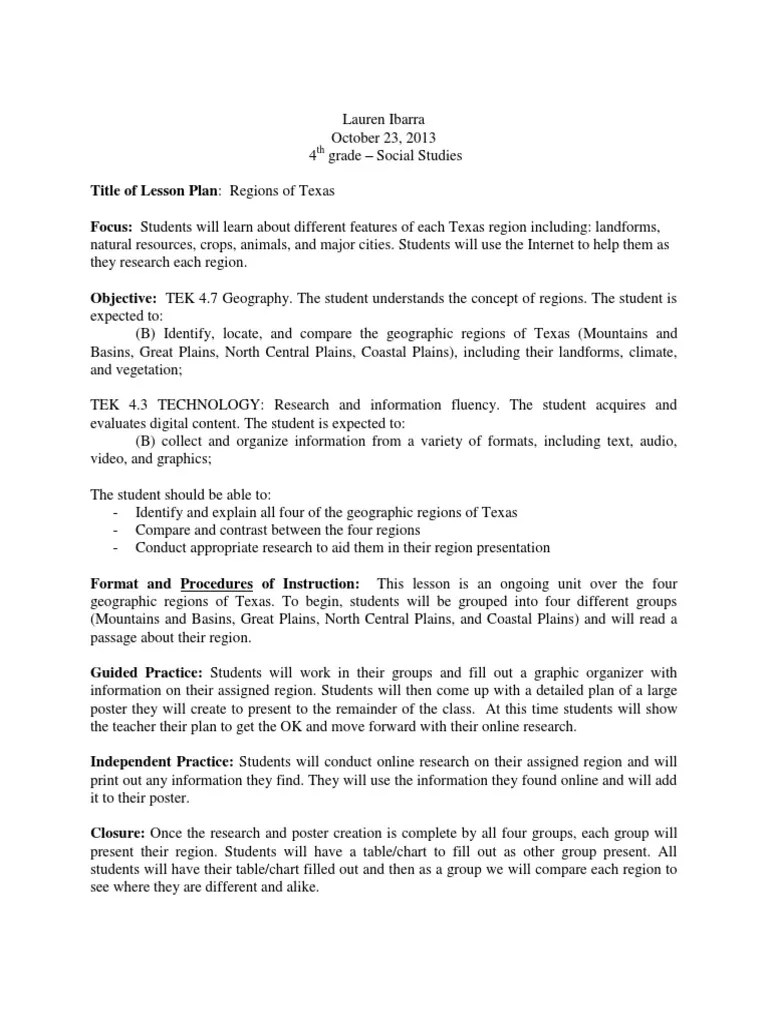 4th Grade Social Studies Texas Regions Lesson Plan Pedagogy
