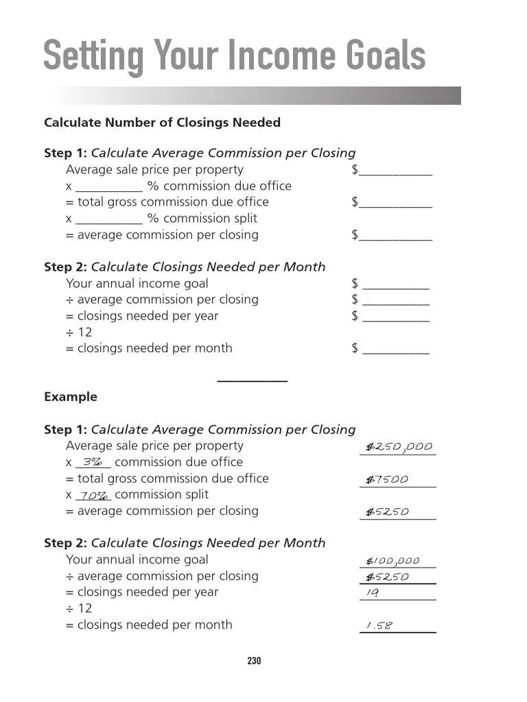 Real Estate Agents Goal Setting Chart