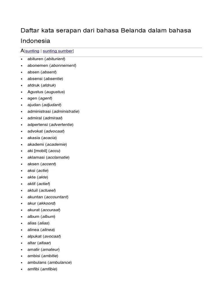 Daftar Kata Serapan Dari Bahasa Belanda Dalam Bahasa Indonesia | PDF
