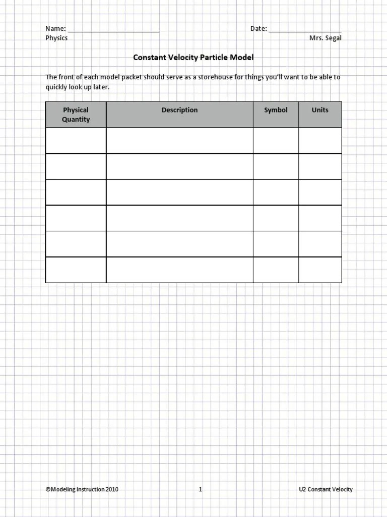 Constant Velocity Particle Model Packet PDF Velocity Speed