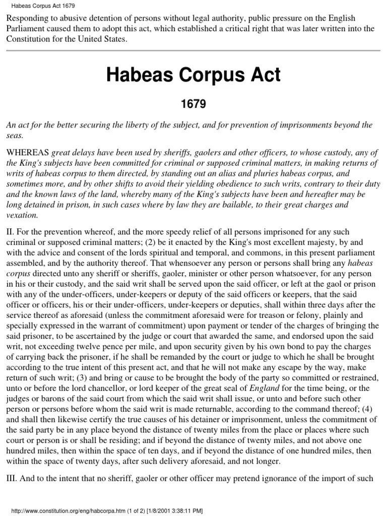 Habeas Corpus Act 1679 Justice Of The Peace Habeas Corpus