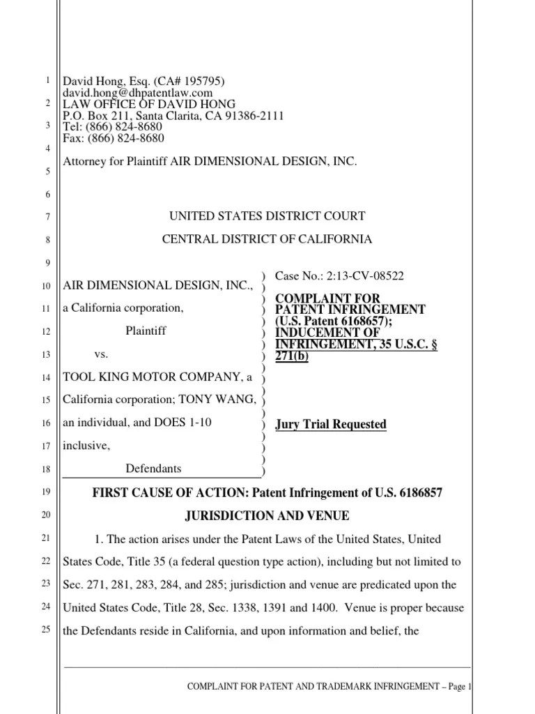 Air Dimensional Design v. Tool King Motor Company et. al. Complaint