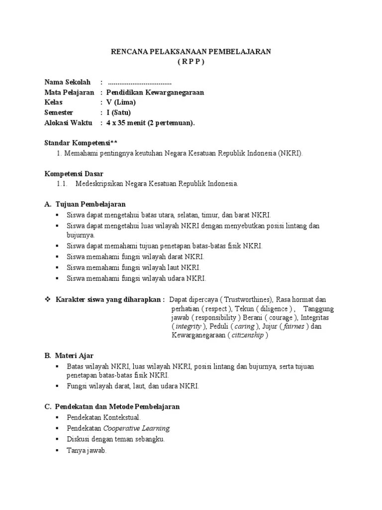 RPP PKN SD Berkarakter Kelas 5 V Semester 1