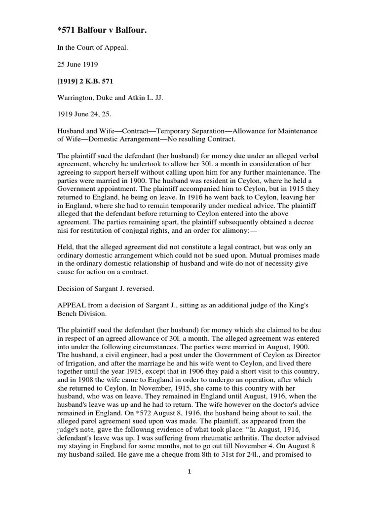 Balfour V Balfour (1919) 2 KB 571 PDF Consideration Lawsuit