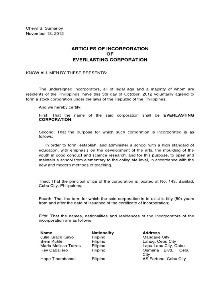 Articles of Incorporation PDF Stocks Philippines