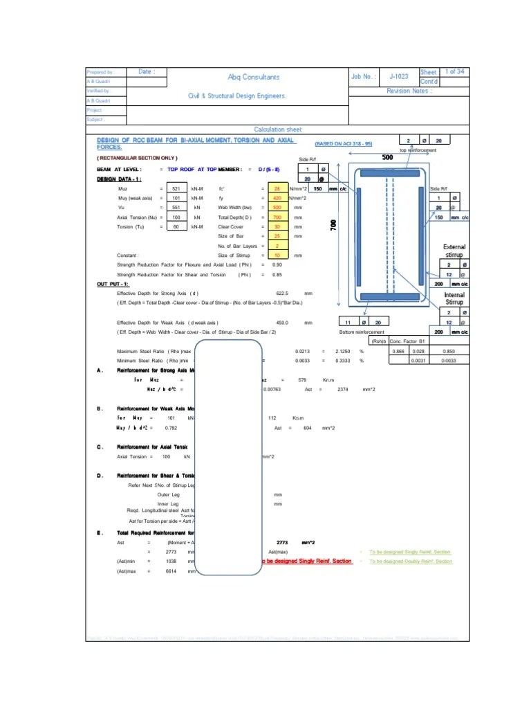 RCC Beam for Biaxial Moment Shear Torsion and Axial Load as Per ACI 318