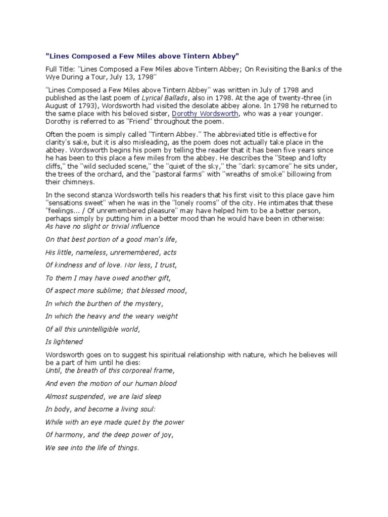 "Lines Composed A Few Miles Above Tintern Abbey" Dorothy Wordsworth