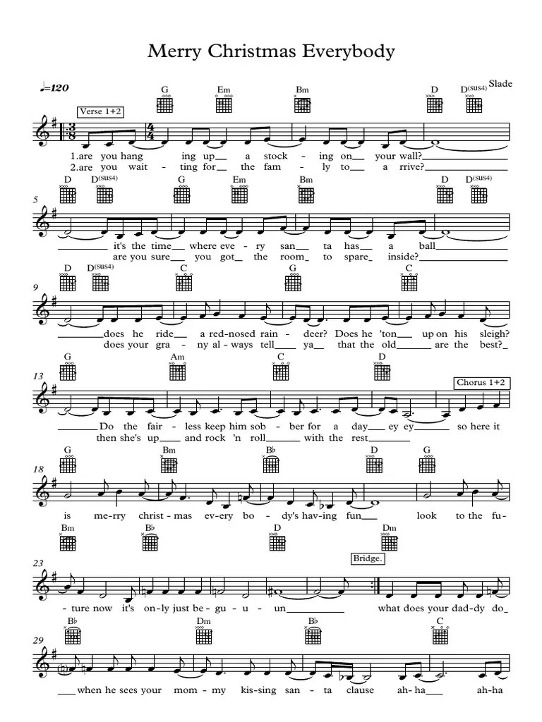 Merry Christmas Eveyone Lyrics Merry Christmas Everybody by Slade Sheet