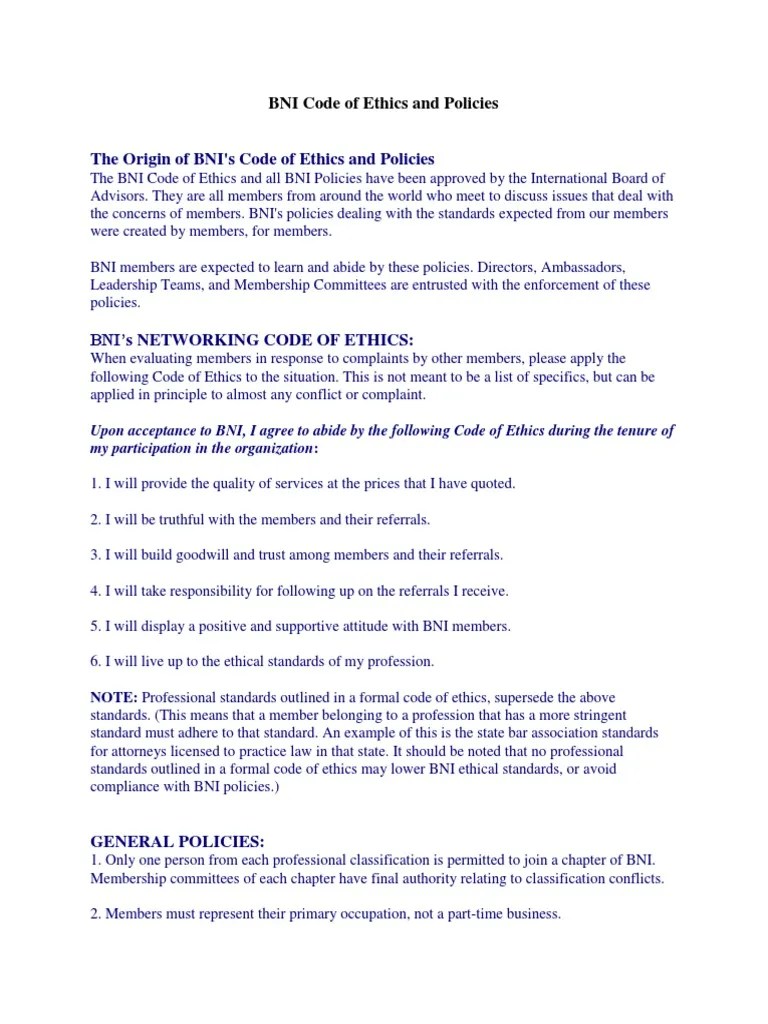 BNI Code of Ethics and Policies BNI Fee Profession