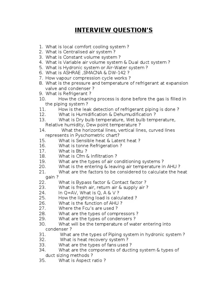HVAC Interview Questions Hvac Electromechanical Engineering