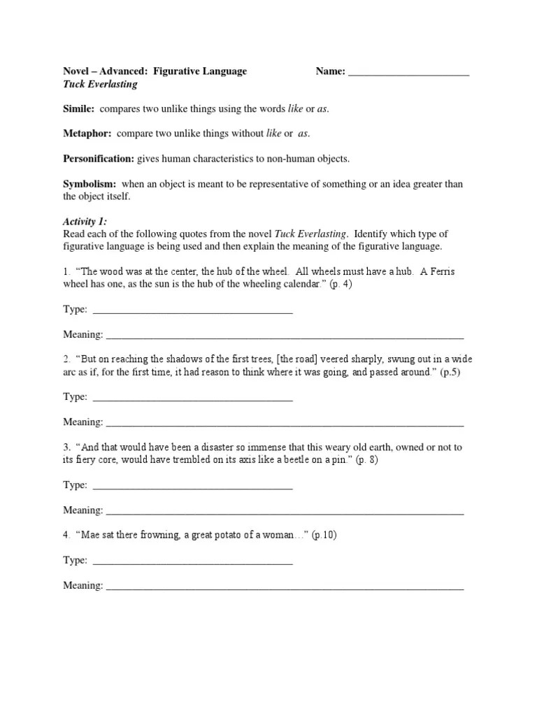 Tuck Figurative Language Worksheet PDF Metaphor