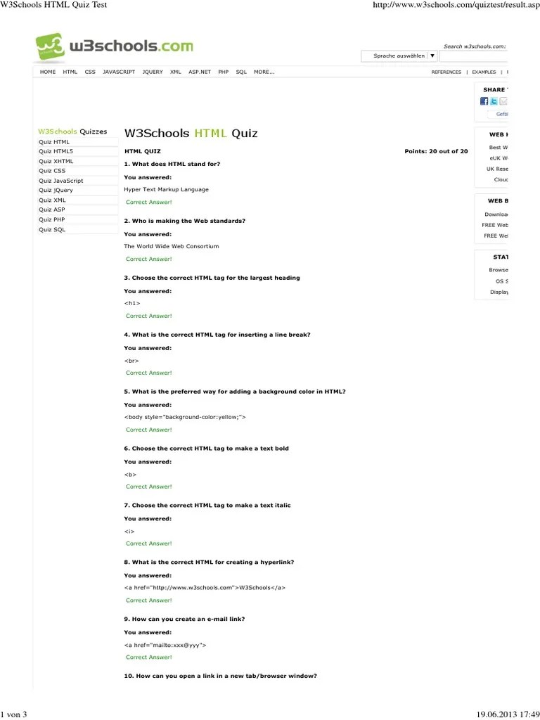 W3Schools HTML Quiz Test Html Html Element