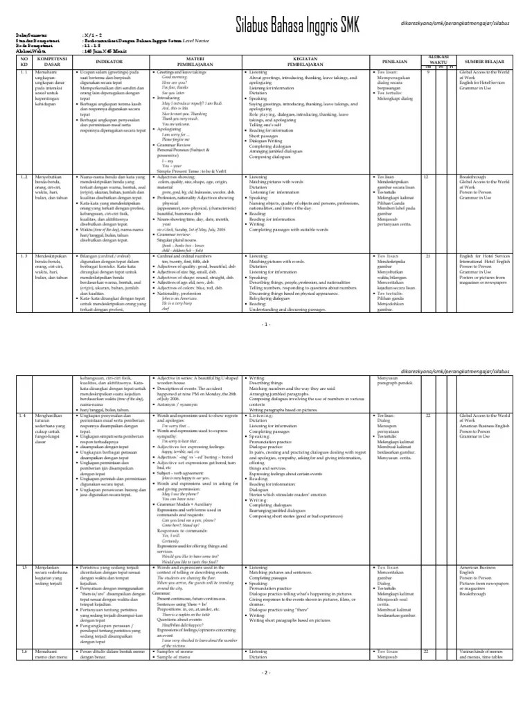 Silabus Bahasa Inggris SMK | PDF | Bahasa Inggris | Semantik