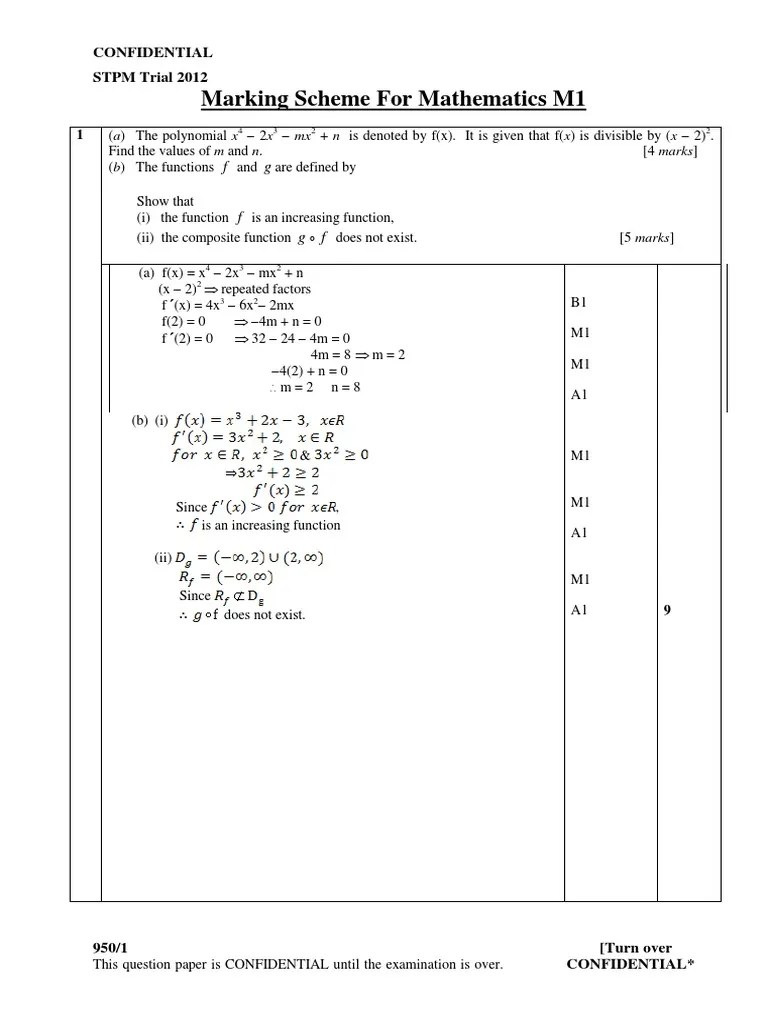 Grading scale for the STPM M1 2012 Confidential Mathematics Test