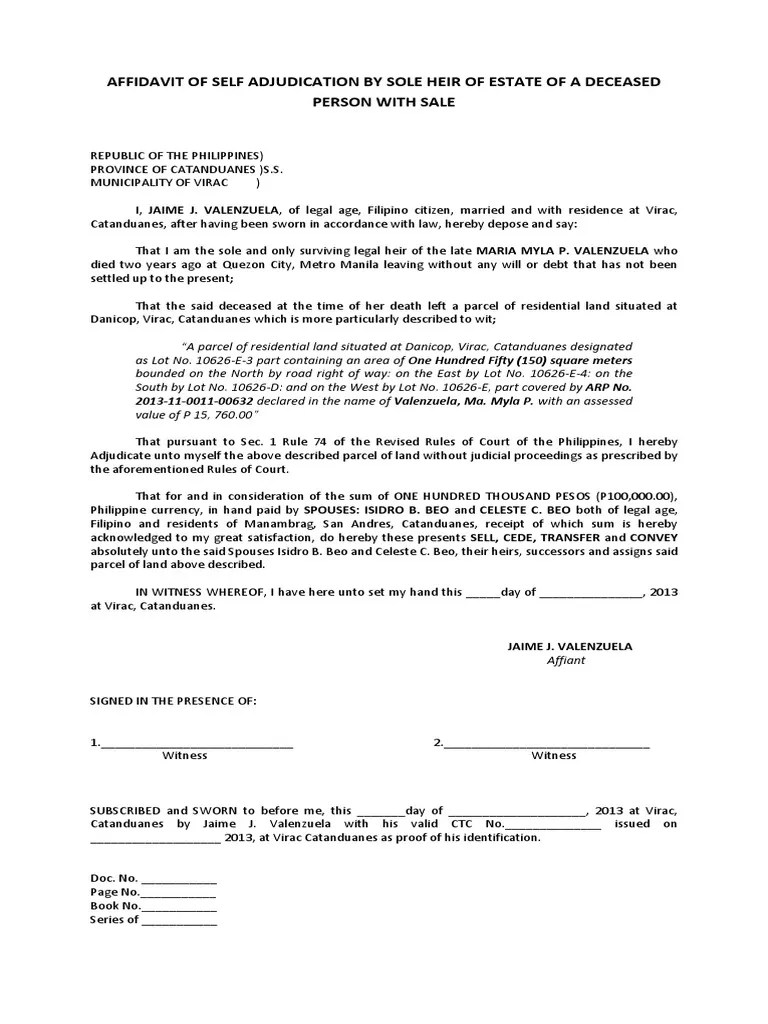 Affidavit of Self Adjudication by Sole Heir of Estate of A Deceased