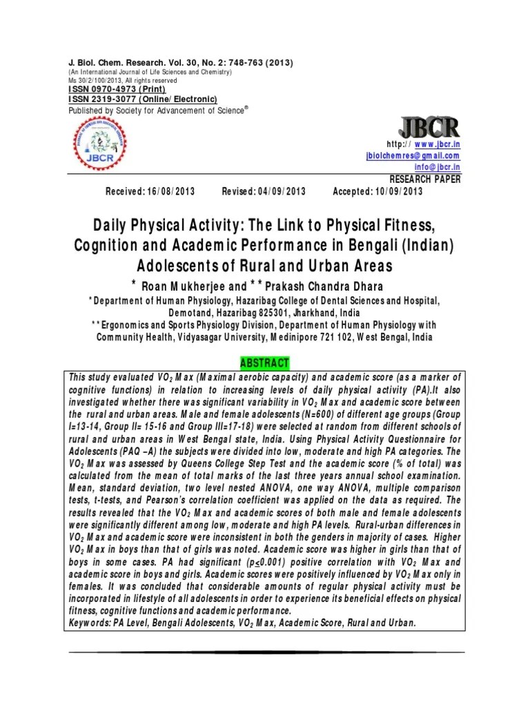 Daily Physical Activity The Link to Physical Fitness, Cognition and