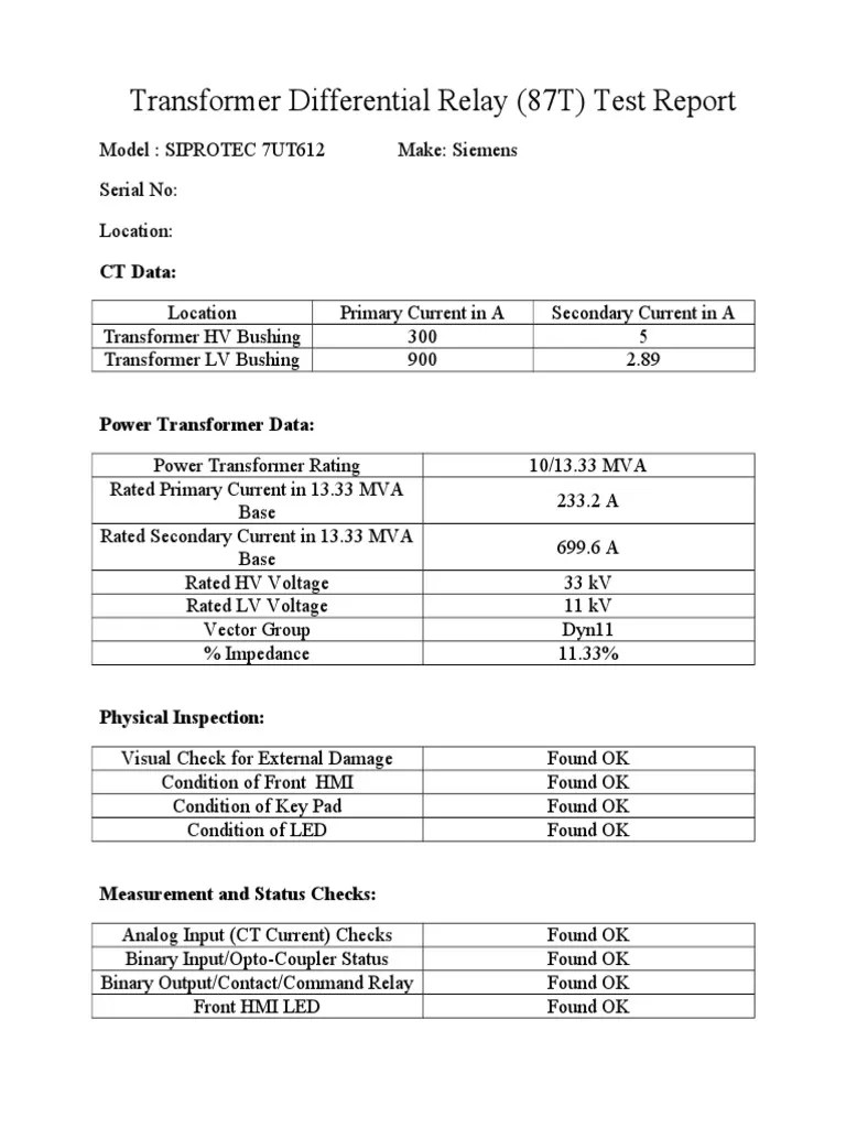 Transformer Differential Relay Test Report