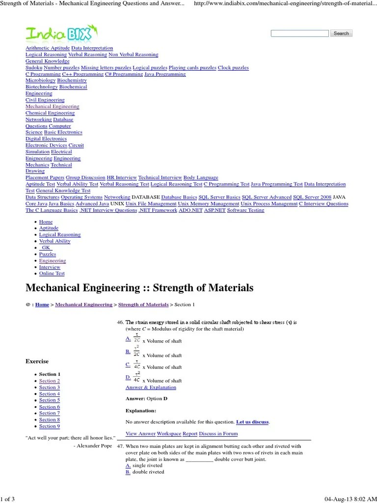 Strength of Materials Mechanical Engineering Questions and Answers