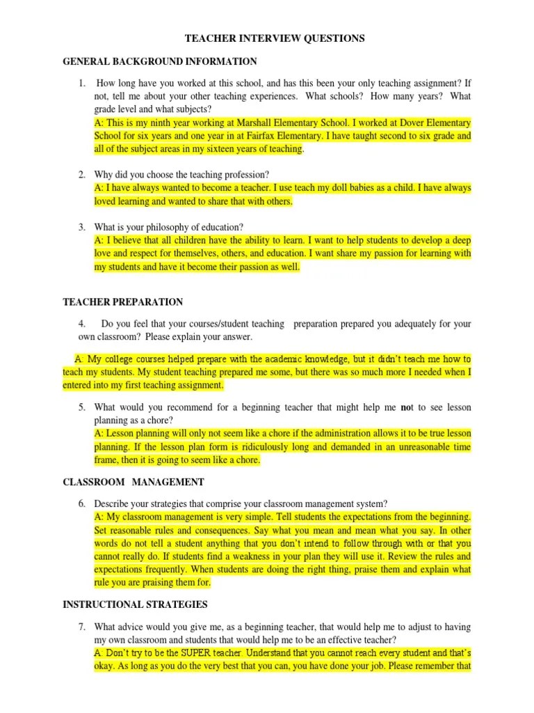 Teacher Interview Questions Waymyers PDF Educational Assessment
