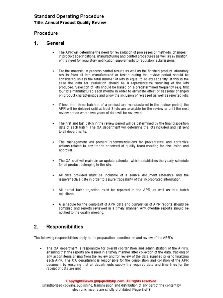 QMS060 Annual Product Review Sample Specification (Technical