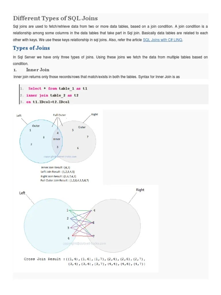 Different Types of SQL Joins PDF Sql Software Design