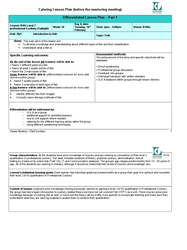 Lesson Plan for Catering Session Learning Styles Lesson Plan