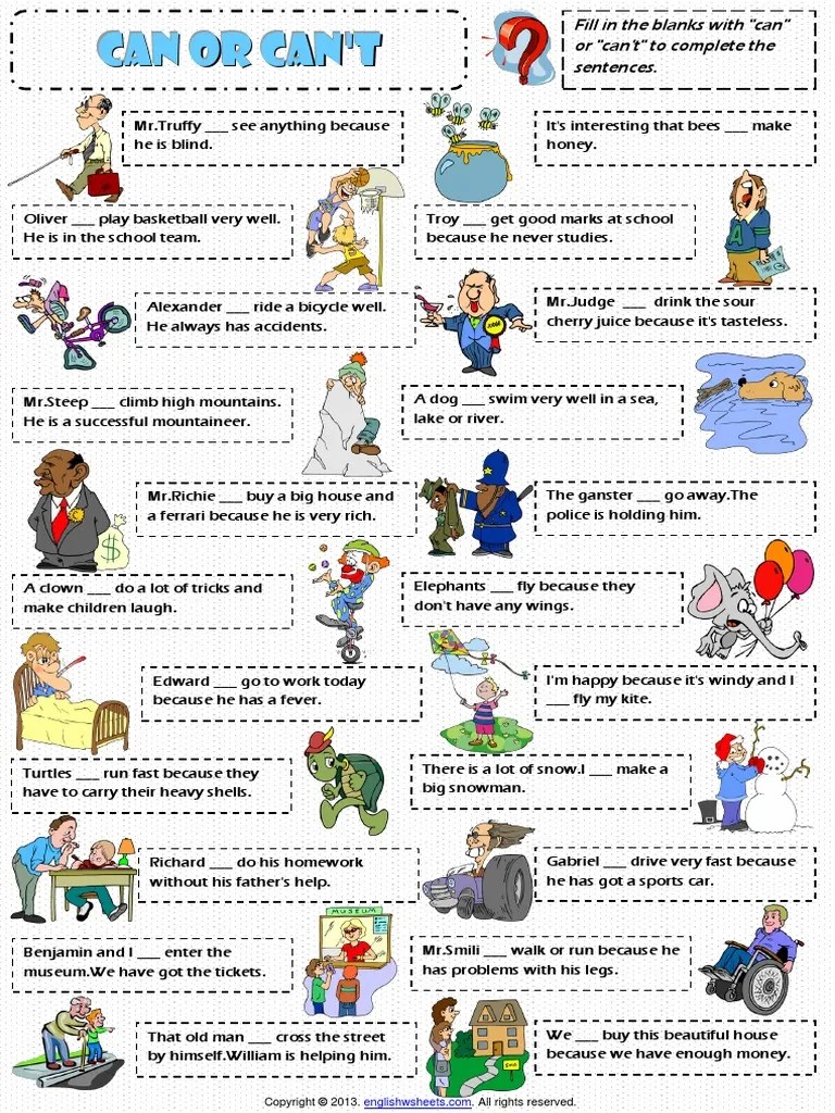 Expressing Ability or Inability Modal Verbs Can or Cant Worksheet