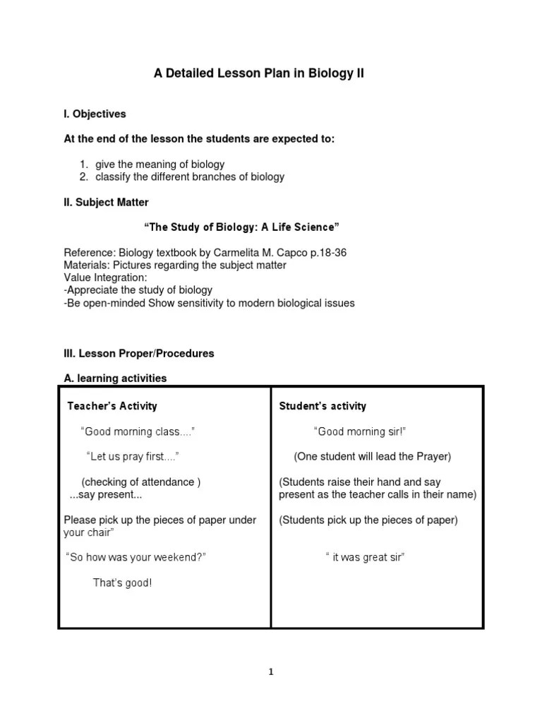 Detailed Lesson Plan BIOLOGY Botany Zoology