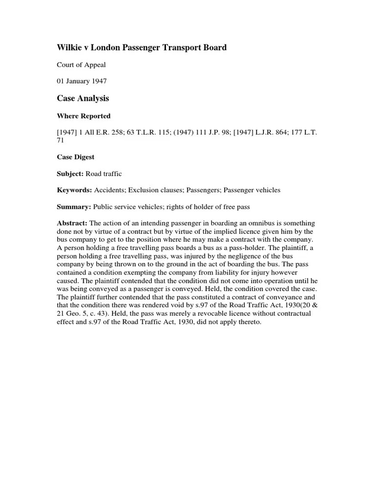 Wilkie V London Passenger Transport Board Case Digest | PDF | Bus | Private  Law