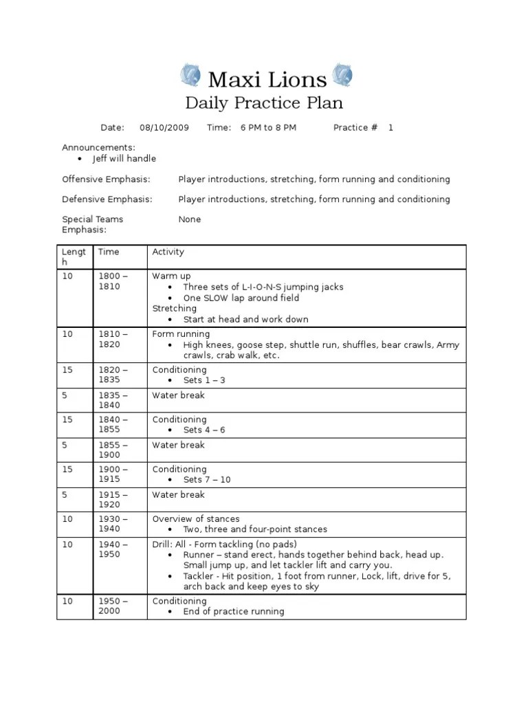 Free Football Practice Plan Template