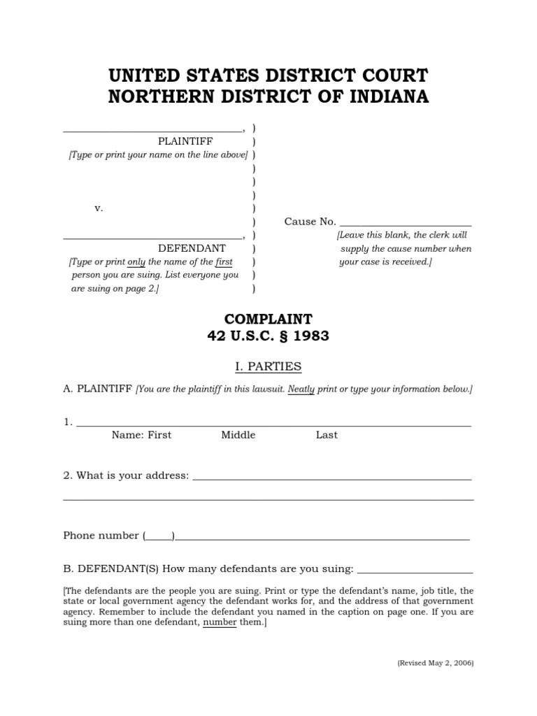 Indiana 1983 Civil Rights Complaint Lawsuit Complaint