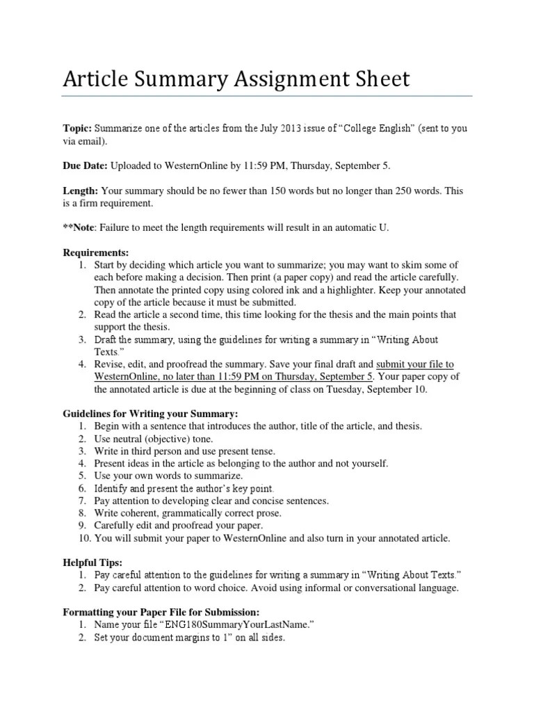 as article summary assignment sheet Proofreading Computer File
